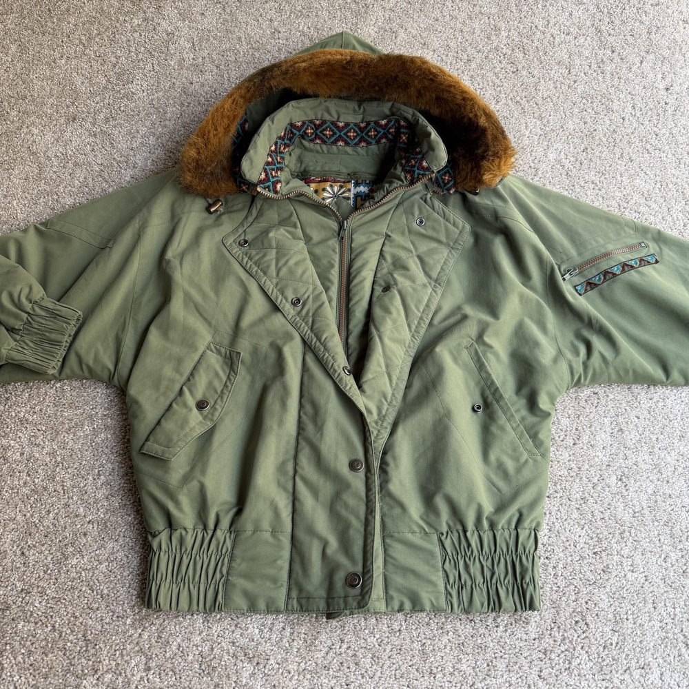Vintage London Fog Jacket Womens XS Green Twill Bomber Hood Fur Aztec